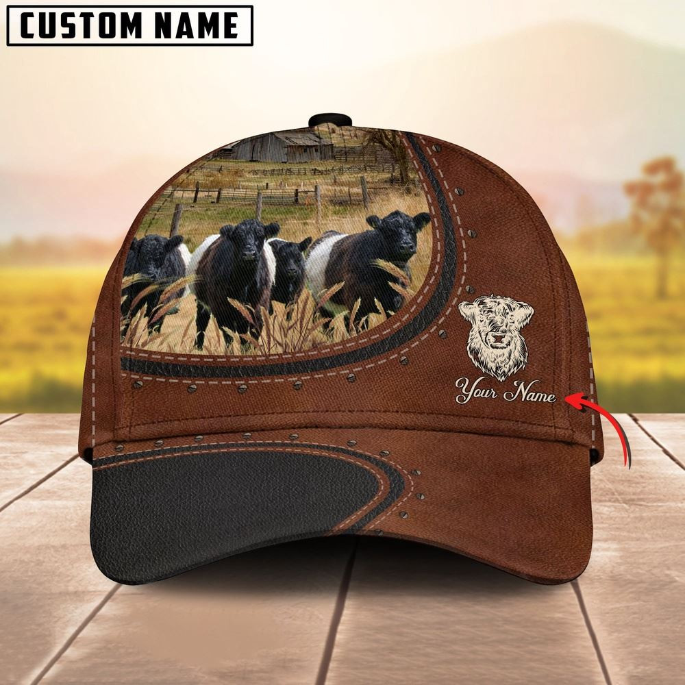 Custom Name And Belted Galloway Cows Leather Pattern Classic Cap Farmer Baseball Cap Gift For Farmer