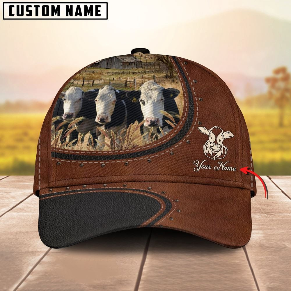 Custom Name And Black Baldy Cows Leather Pattern Classic Cap Farmer Baseball Cap Gift For Farmer