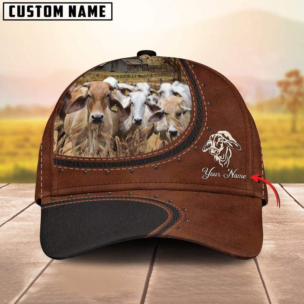 Custom Name And Brahman Cows Leather Pattern Classic Cap Farmer Baseball Cap Gift For Farmer