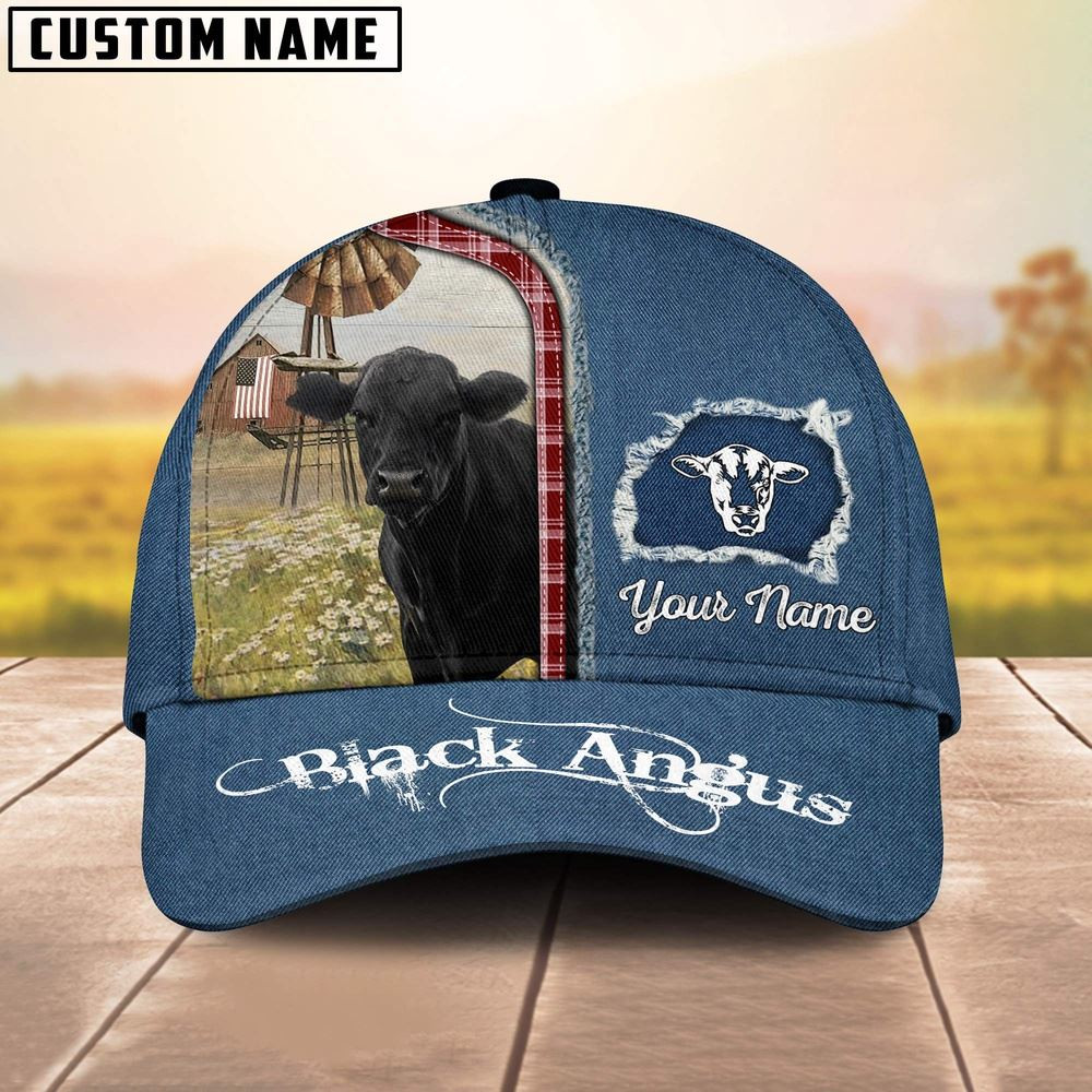 Custom Name And Cattle Breeds Black Angus Jean Pattern Classic Cap Farmer Baseball Cap Gift For Farmer