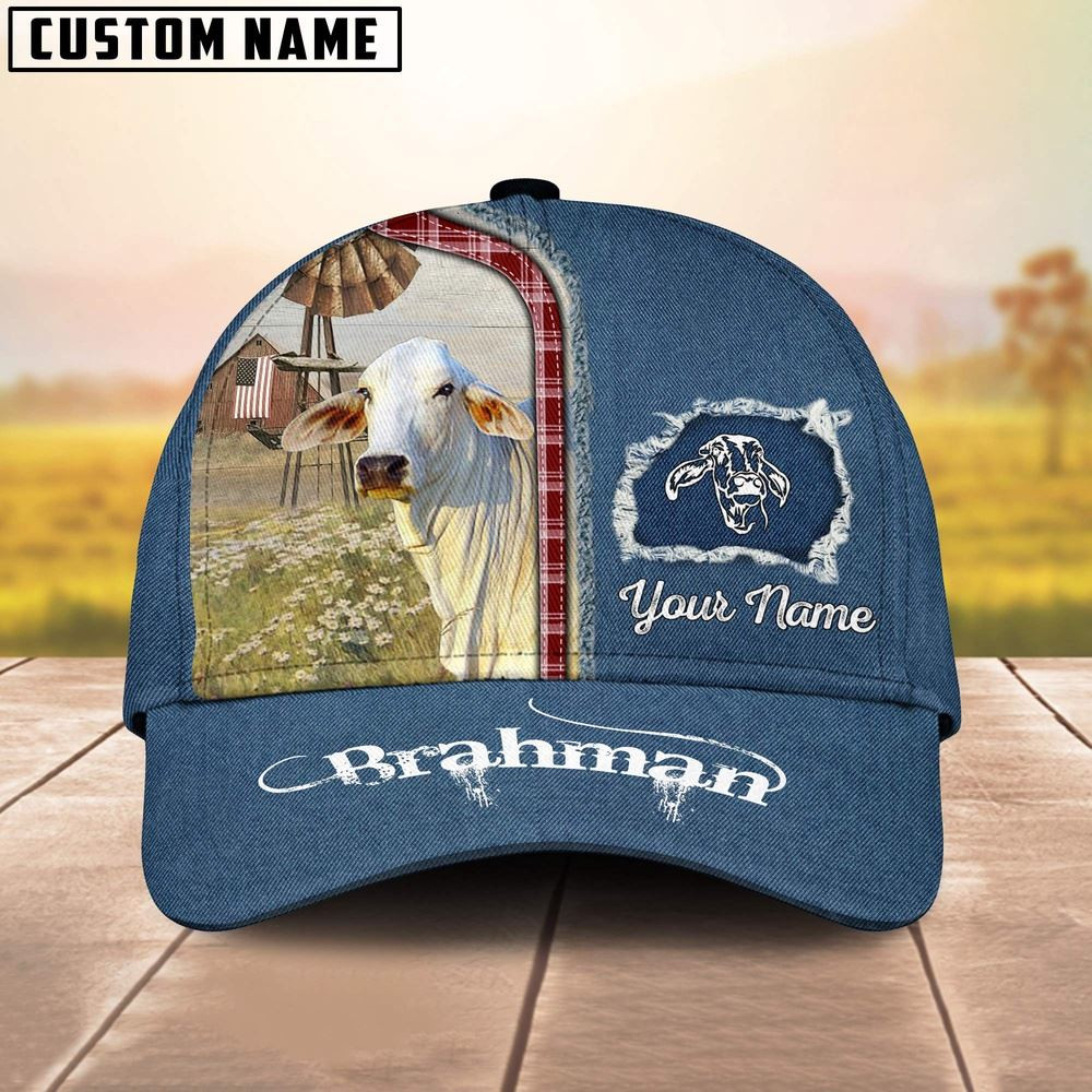 Custom Name And Cattle Breeds Brahman Jean Pattern Classic Cap Farmer Baseball Cap Gift For Farmer