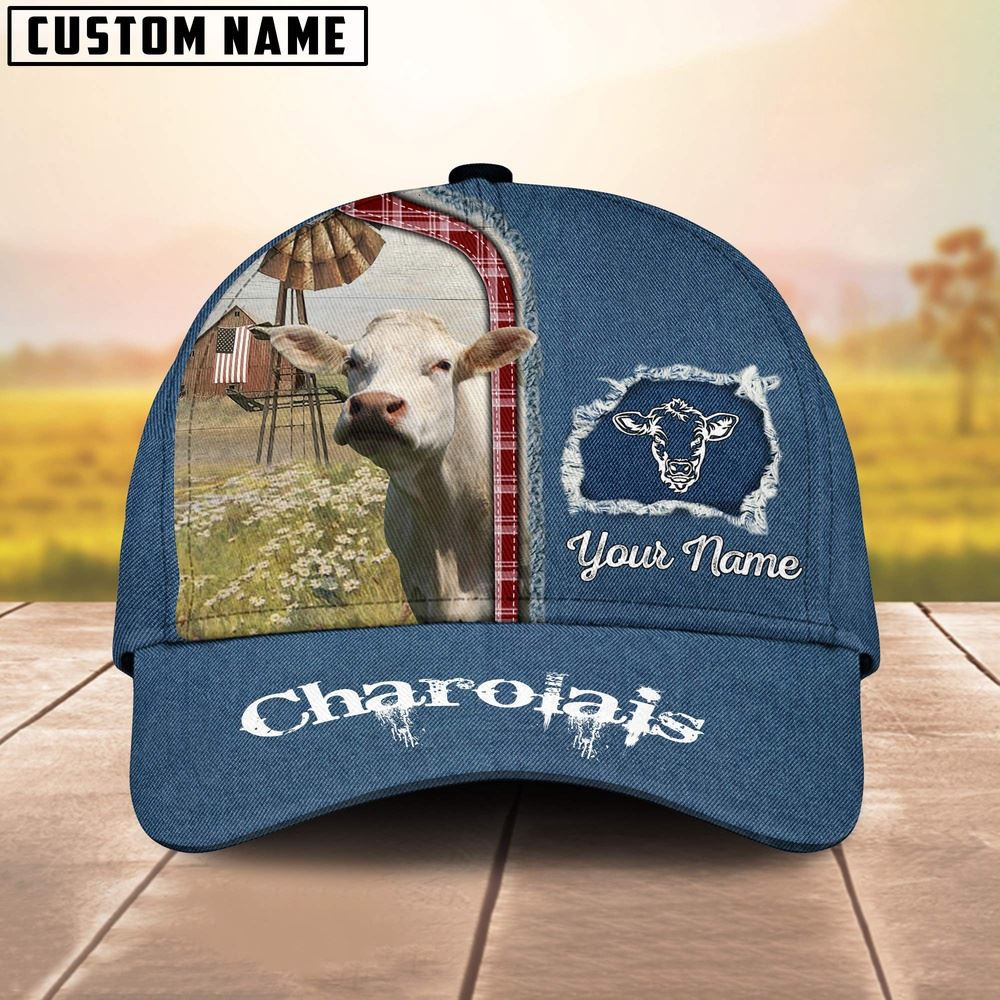 Custom Name And Cattle Breeds Charolais Jean Pattern Classic Cap Farmer Baseball Cap Gift For Farmer