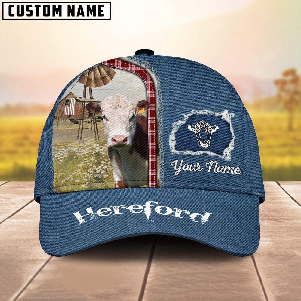 Custom Name And Cattle Breeds Hereford Jean Pattern Classic Cap Farmer Baseball Cap Gift For Farmer