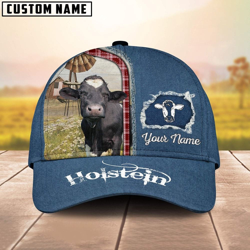 Custom Name And Cattle Breeds Holstein Jean Pattern Classic Cap Farmer Baseball Cap Gift For Farmer