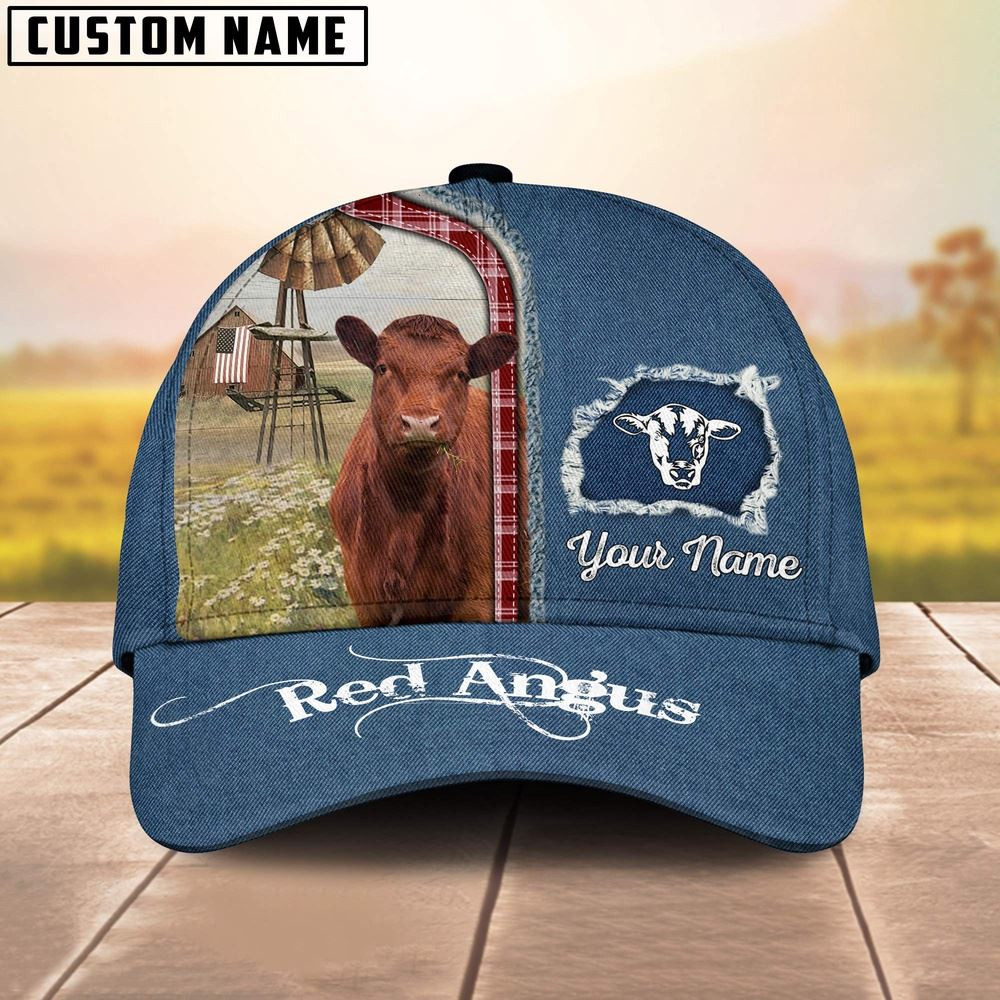 Custom Name And Cattle Breeds Red Angus Jean Pattern Classic Cap Farmer Baseball Cap Gift For Farmer