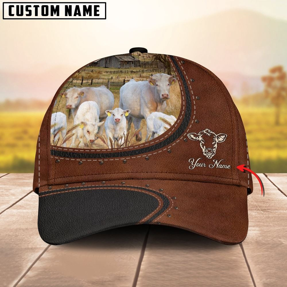 Custom Name And Charolais Cows Leather Pattern Classic Cap Farmer Baseball Cap Gift For Farmer