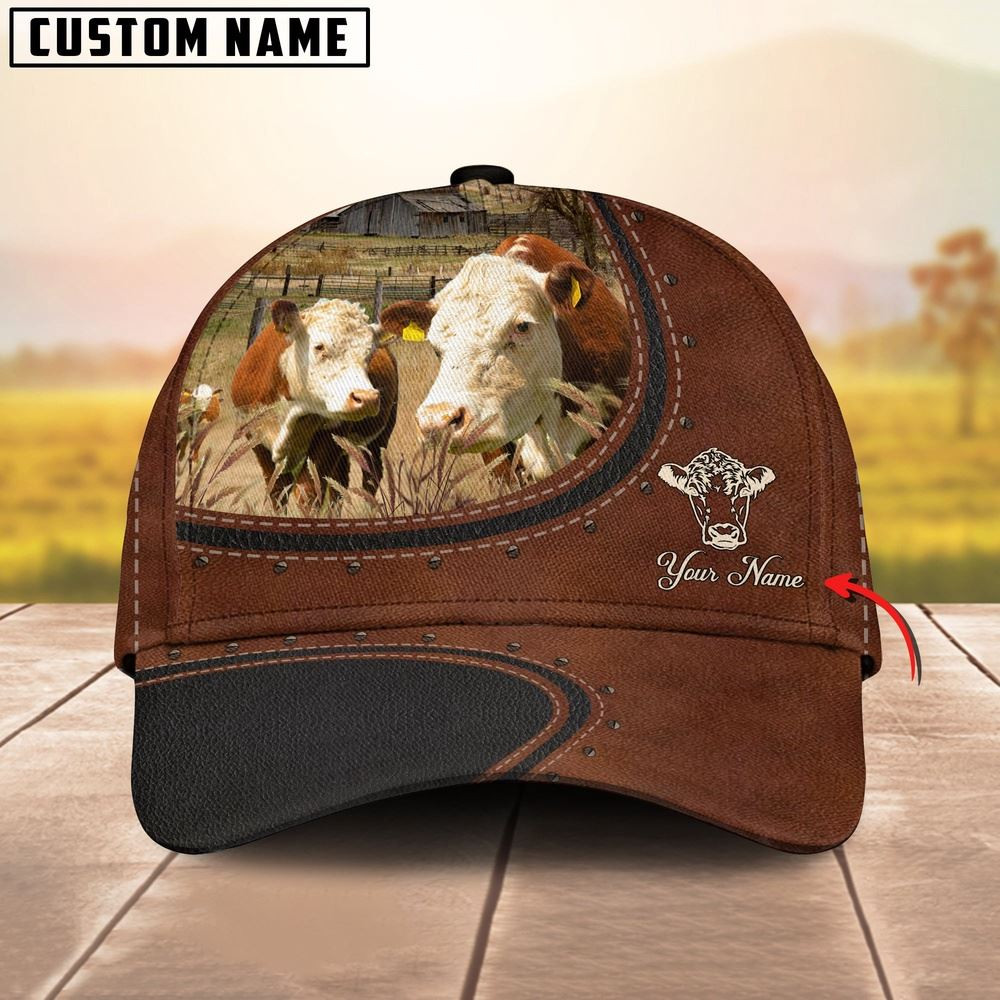 Custom Name And Hereford Cows Leather Pattern Classic Cap Farmer Baseball Cap Gift For Farmer
