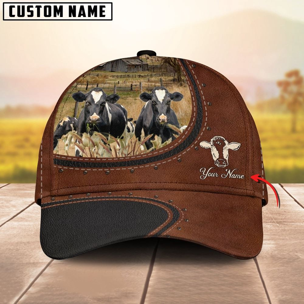 Custom Name And Holstein Cows Leather Pattern Classic Cap Farmer Baseball Cap Gift For Farmer