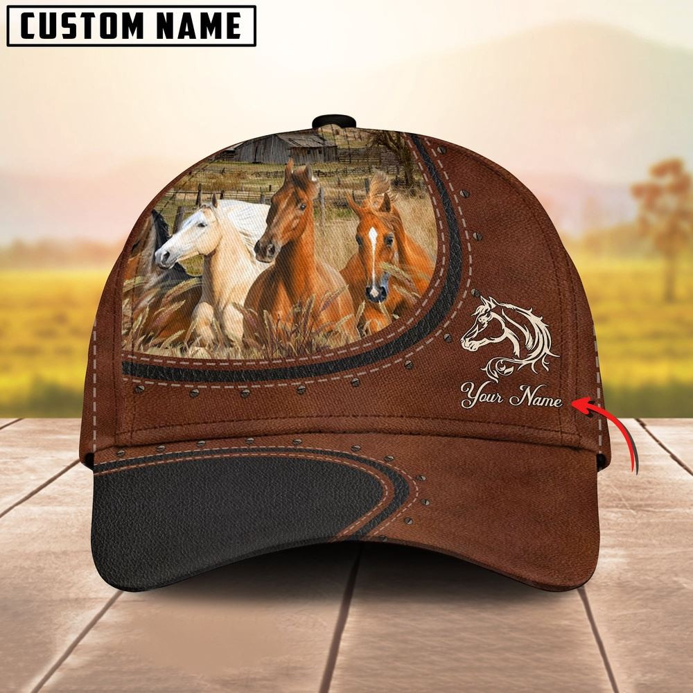 Custom Name And Horse Cows Leather Pattern Classic Cap Farmer Baseball Cap Gift For Farmer