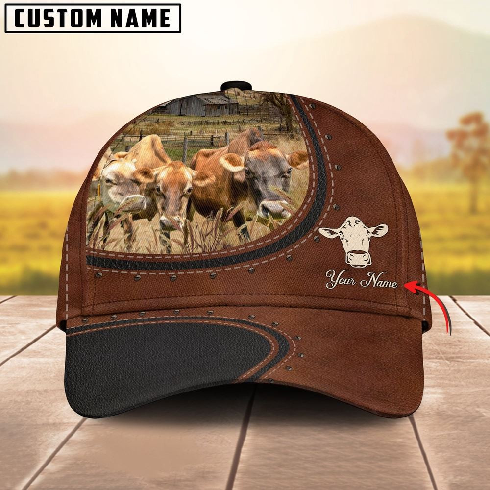 Custom Name And Jersey Cows Leather Pattern Classic Cap Farmer Baseball Cap Gift For Farmer