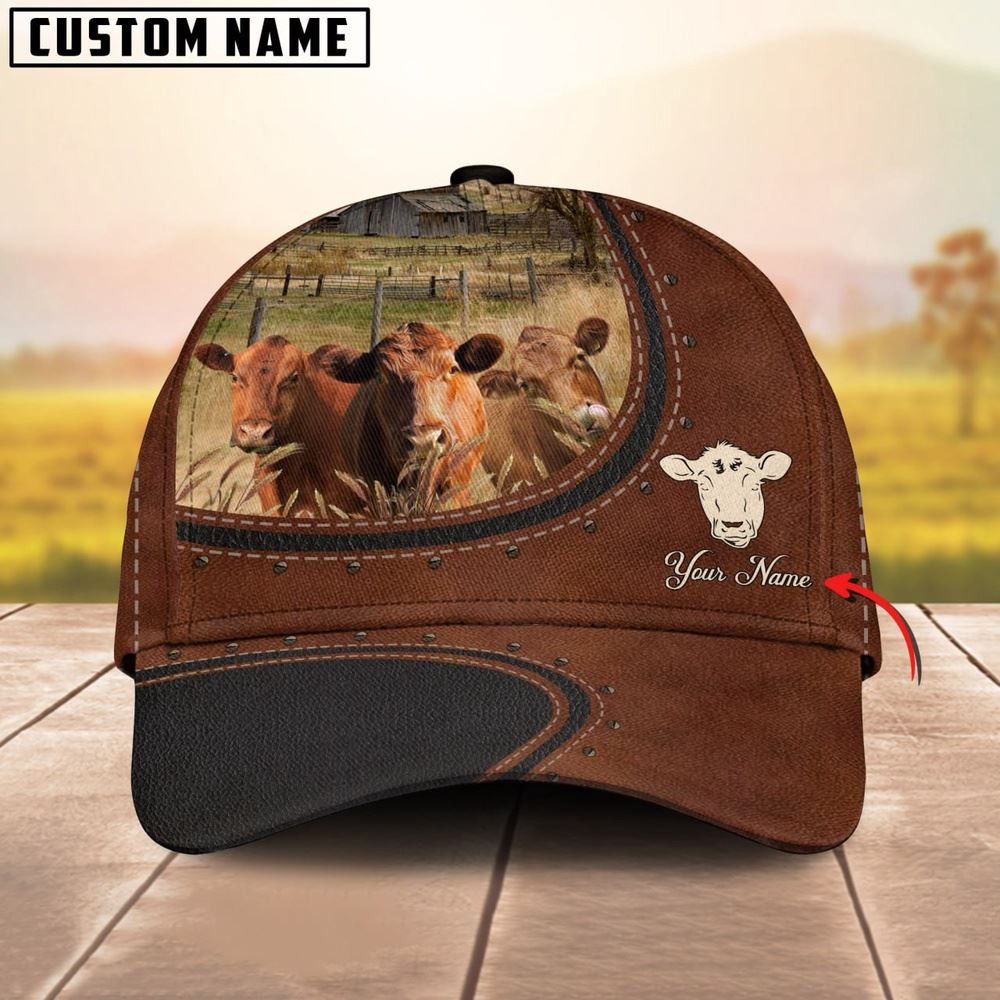 Custom Name And Red Angus Cows Leather Pattern Classic Cap Farmer Baseball Cap Gift For Farmer