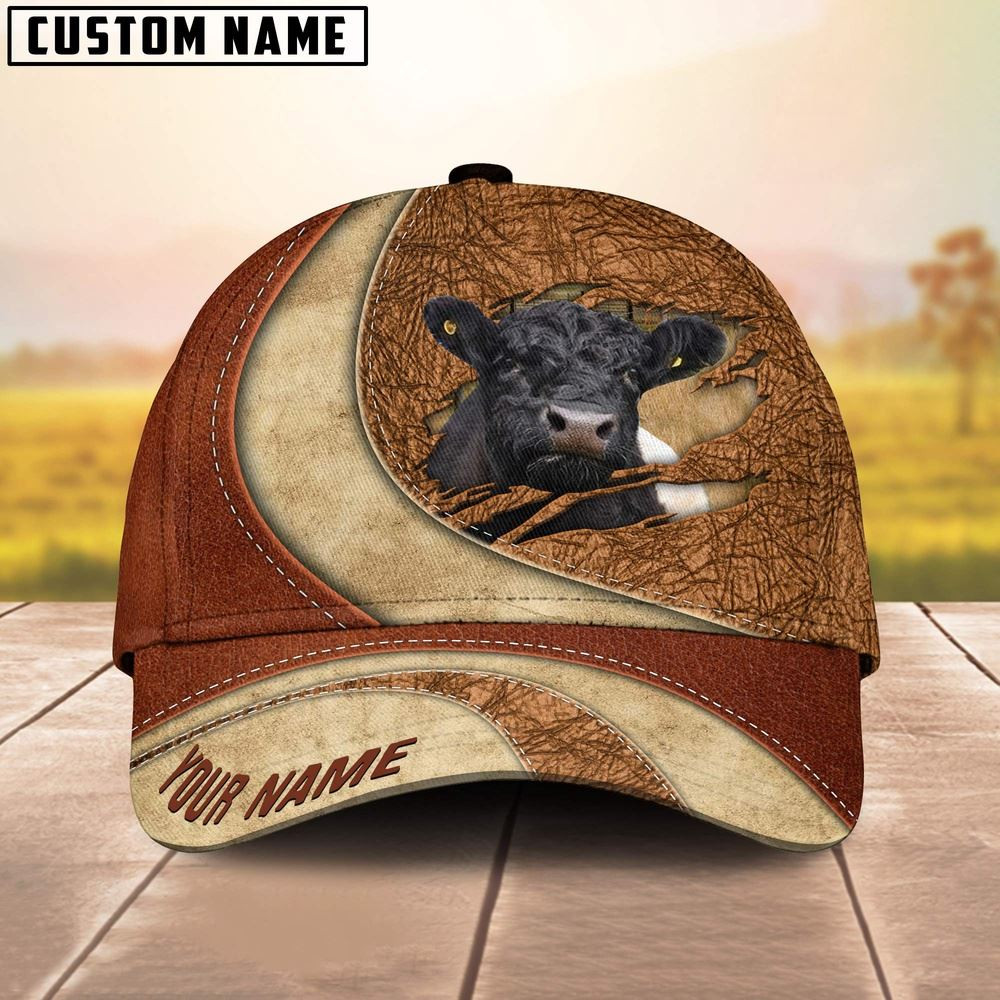 Custom Name Belted Galloway Torn Leather Pattern Classic Cap Farm Cap Farmer Baseball Cap Gift For Farmer