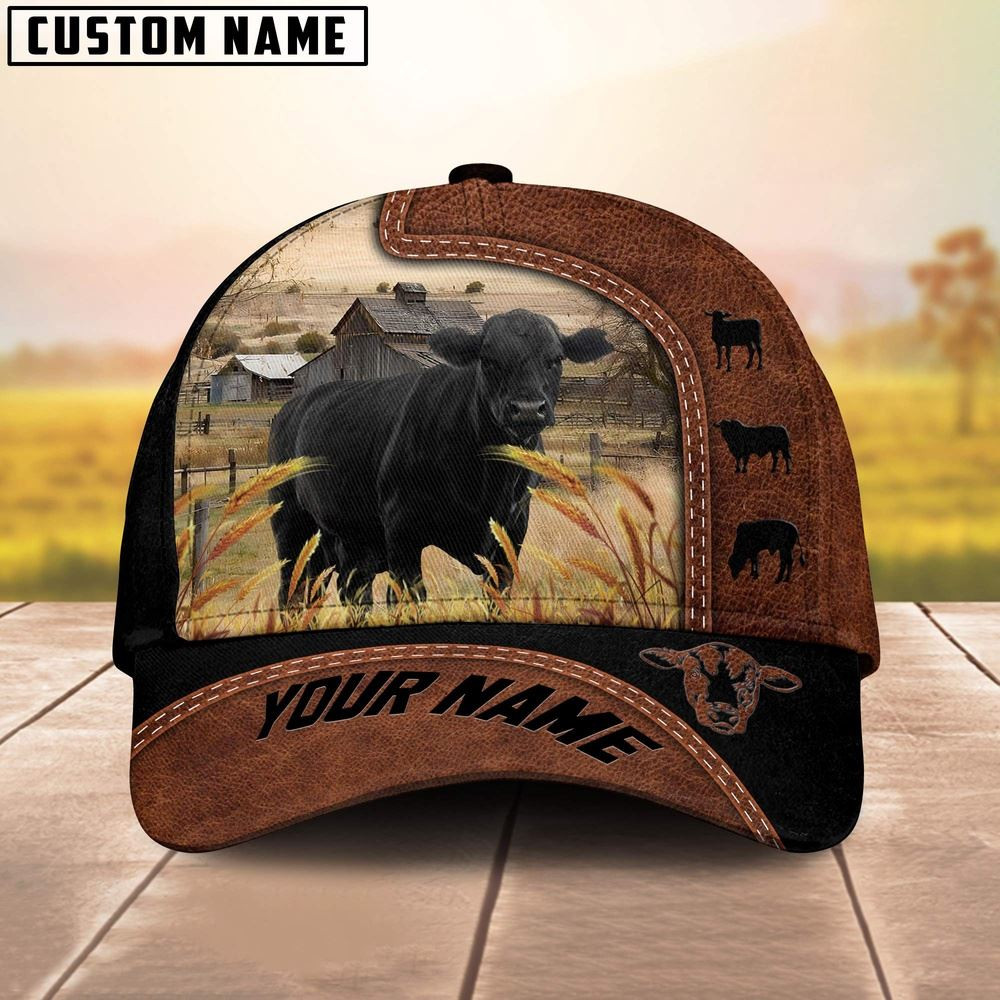 Custom Name Black Angus Brown Black Leather Pattern Cap Farm Cap Farmer Baseball Cap Gift For Farmer