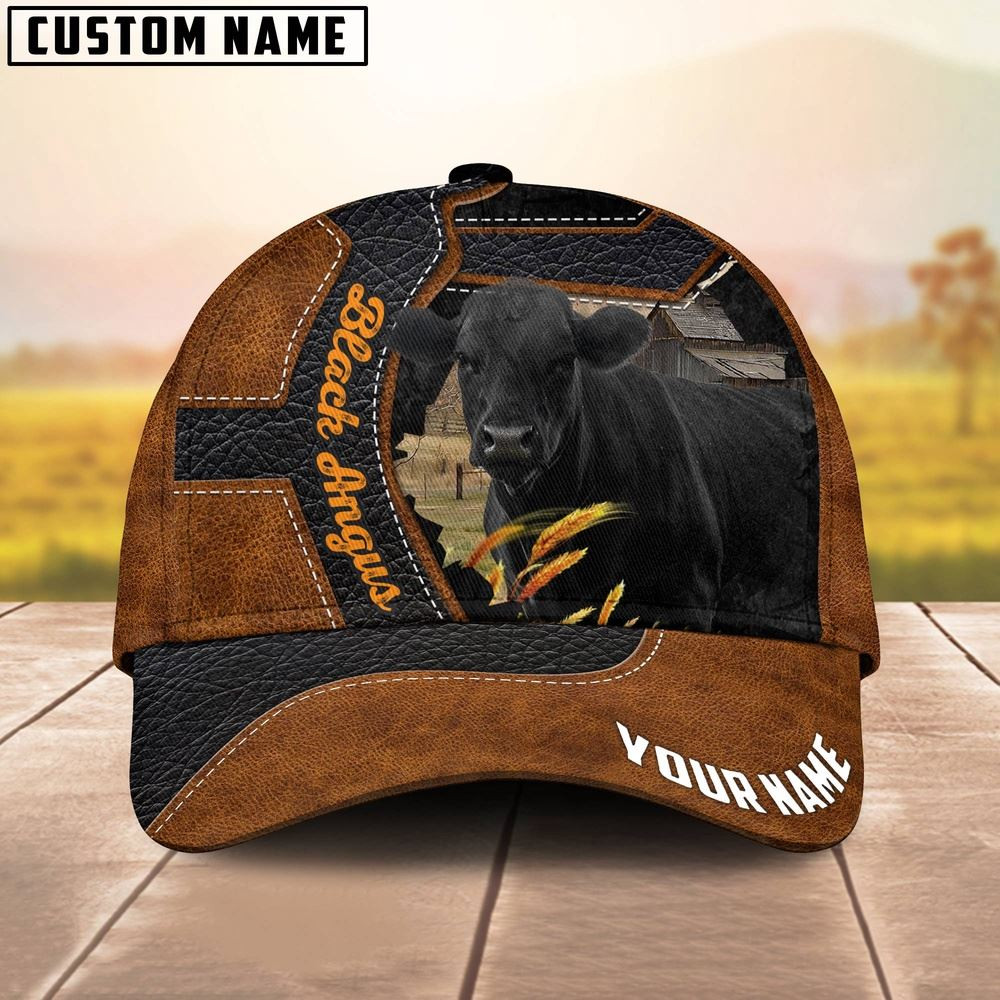 Custom Name Black Angus Brown Leather Pattern 3D Cap Farm Cap Farmer Baseball Cap Gift For Farmer