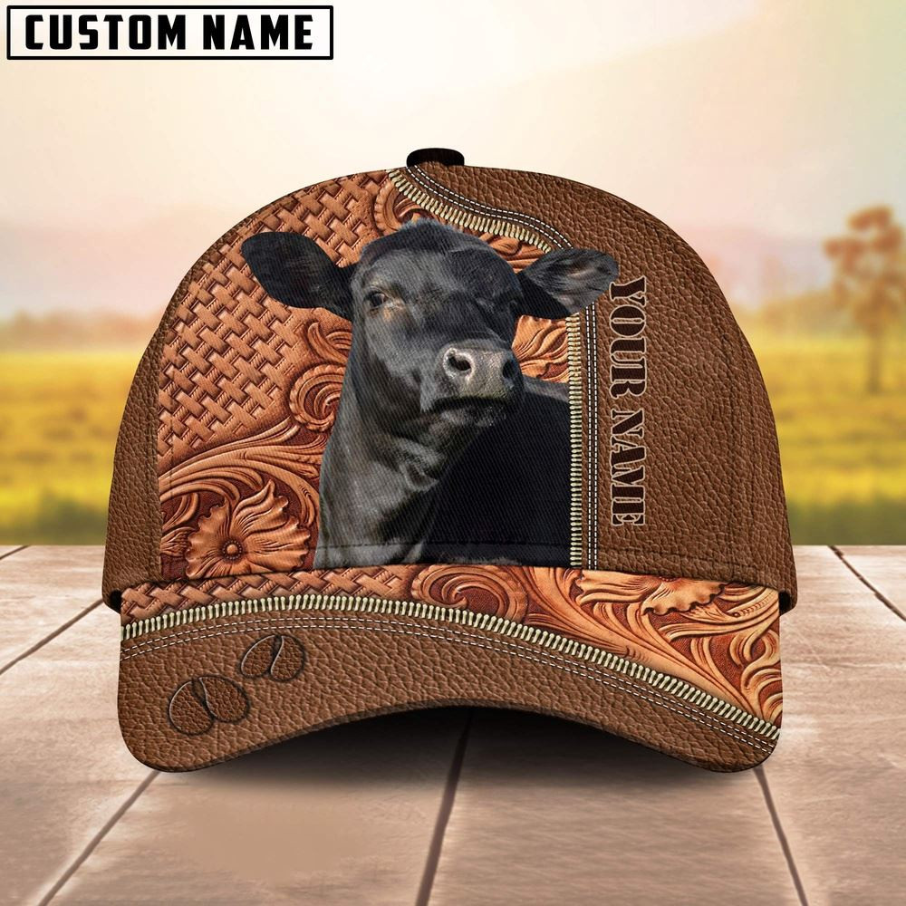 Custom Name Black Angus Leather Carving Patterns Cap Farm Cap Farmer Baseball Cap Gift For Farmer
