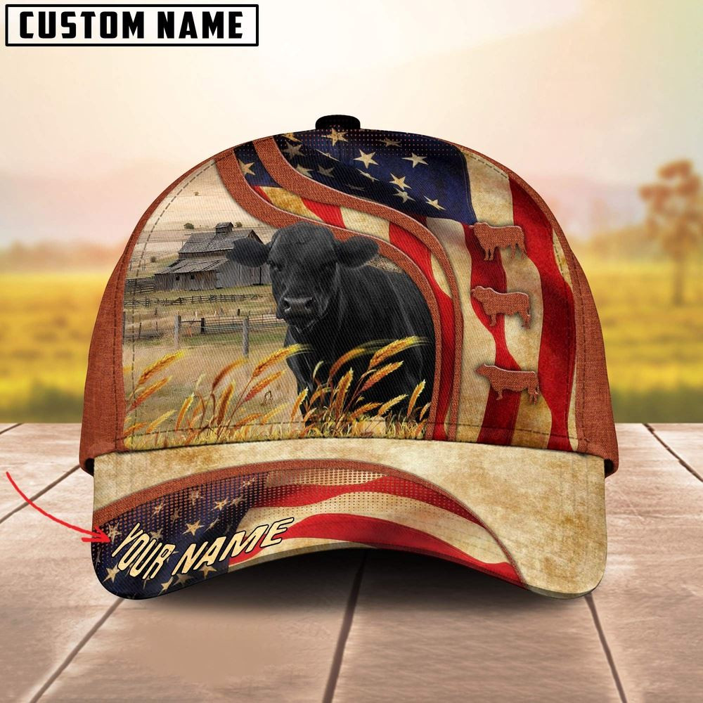Custom Name Black Angus US Flag 3D Cap Farm Cap Farmer Baseball Cap Gift For Farmer