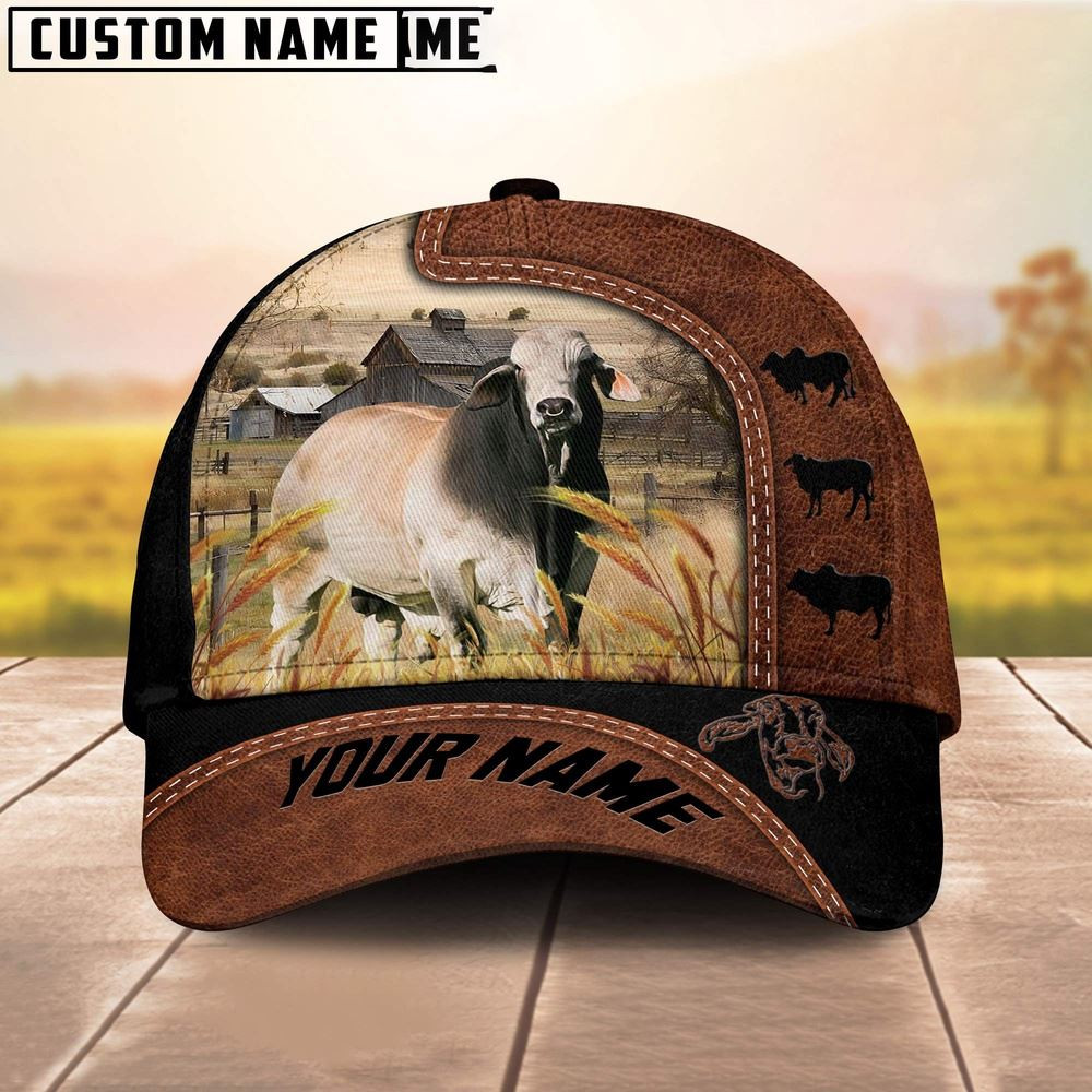 Custom Name Brahman Cattle Brown Black Leather Pattern Cap Farmer Baseball Cap Gift For Farmer