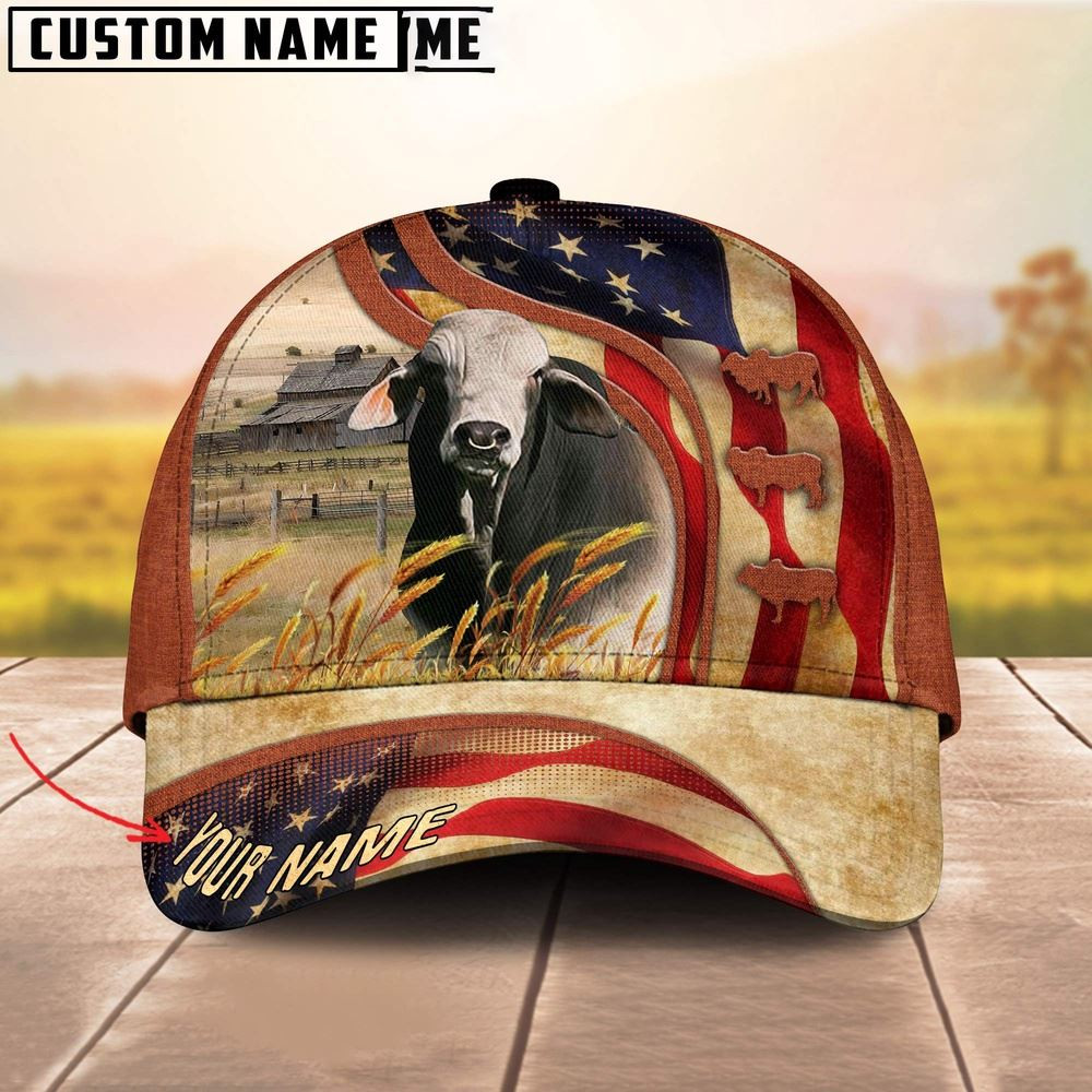Custom Name Brahman Cattle US Flag 3D Cap Farm Cap Farmer Baseball Cap Gift For Farmer