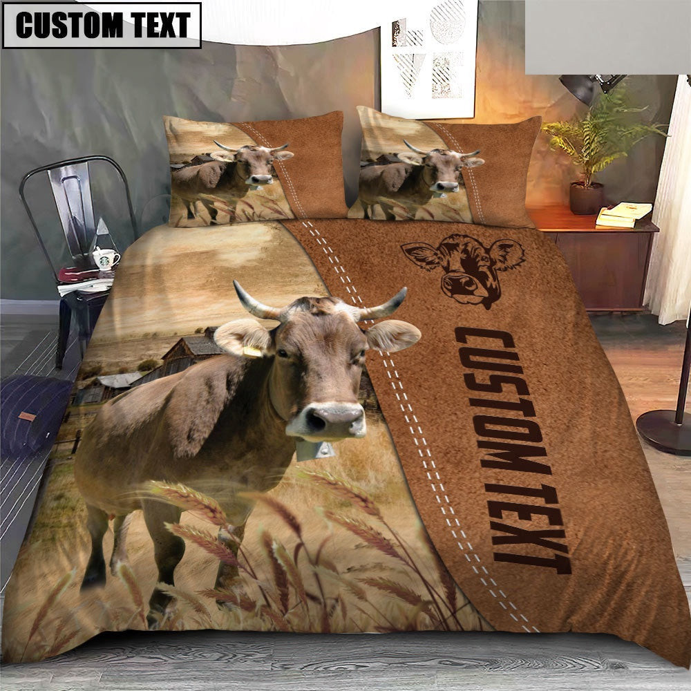 Custom Name Brown Swiss Cattle Brown Farm Bedding Set Thoughtful Wedding Gifts