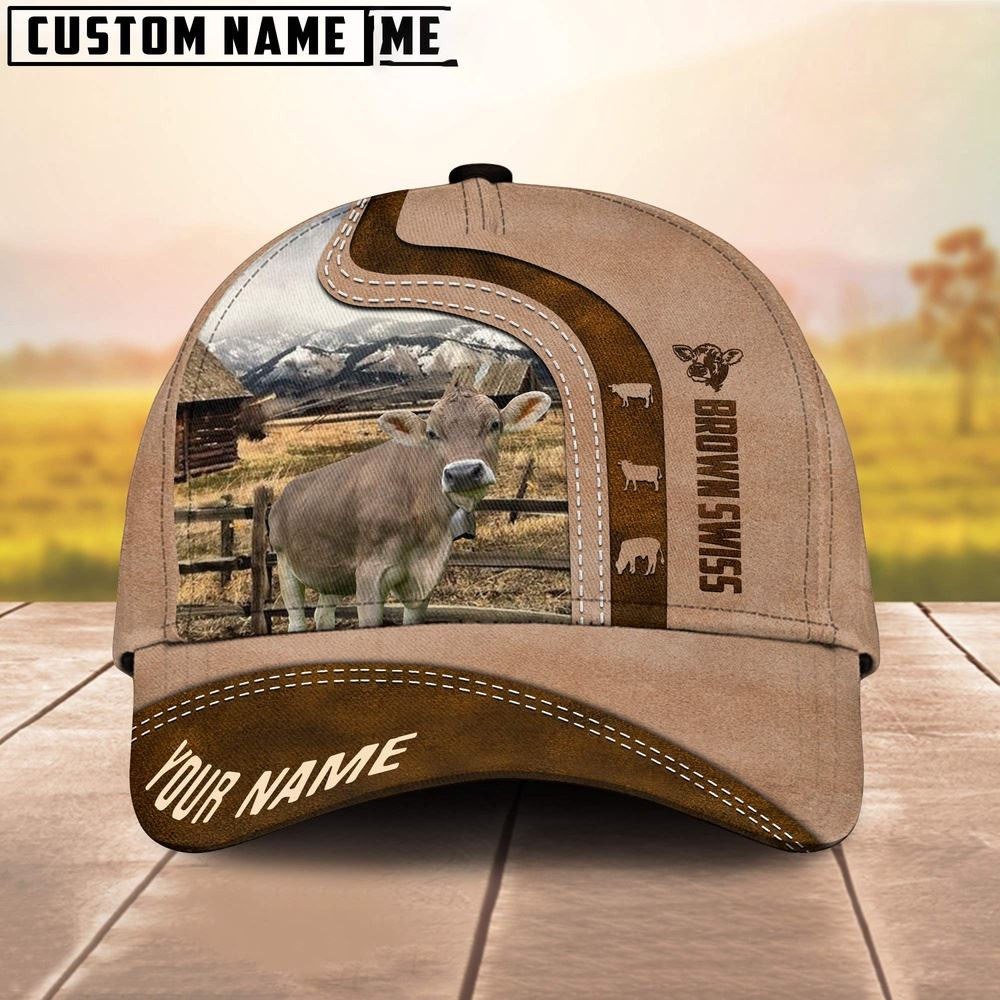 Custom Name Brown Swiss Cattle Light Brown Cap Farm Cap Farmer Baseball Cap Gift For Farmer
