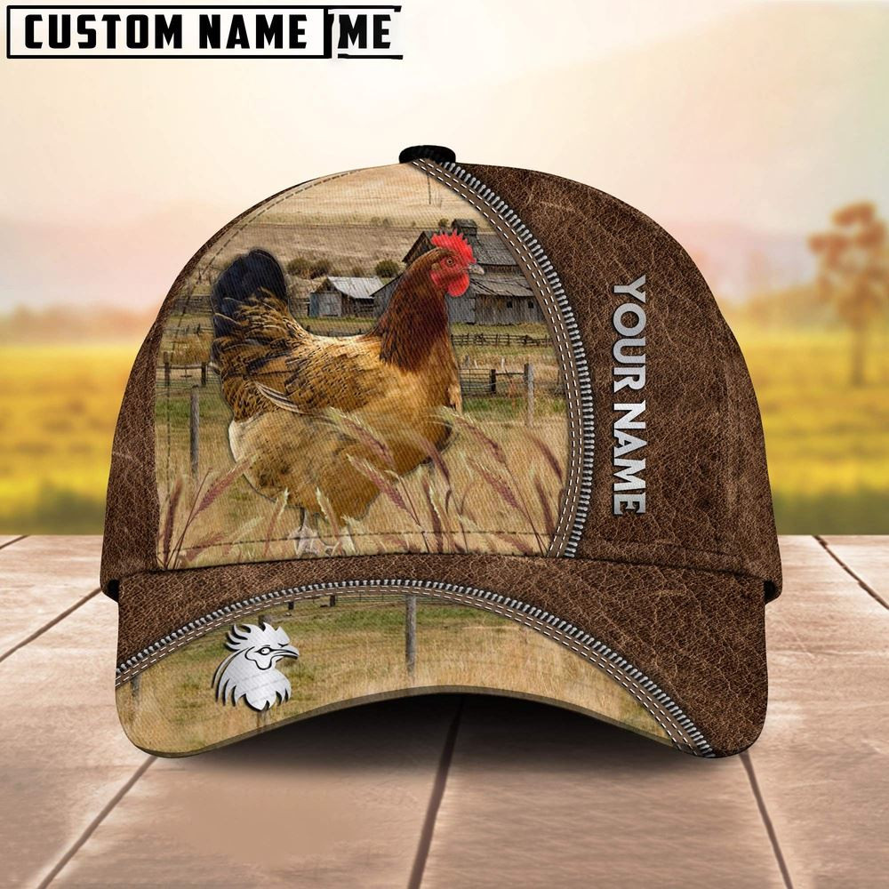 Custom Name Buckeye Chicken Brown Leather Pattern Cap Farm Cap Farmer Baseball Cap Gift For Farmer