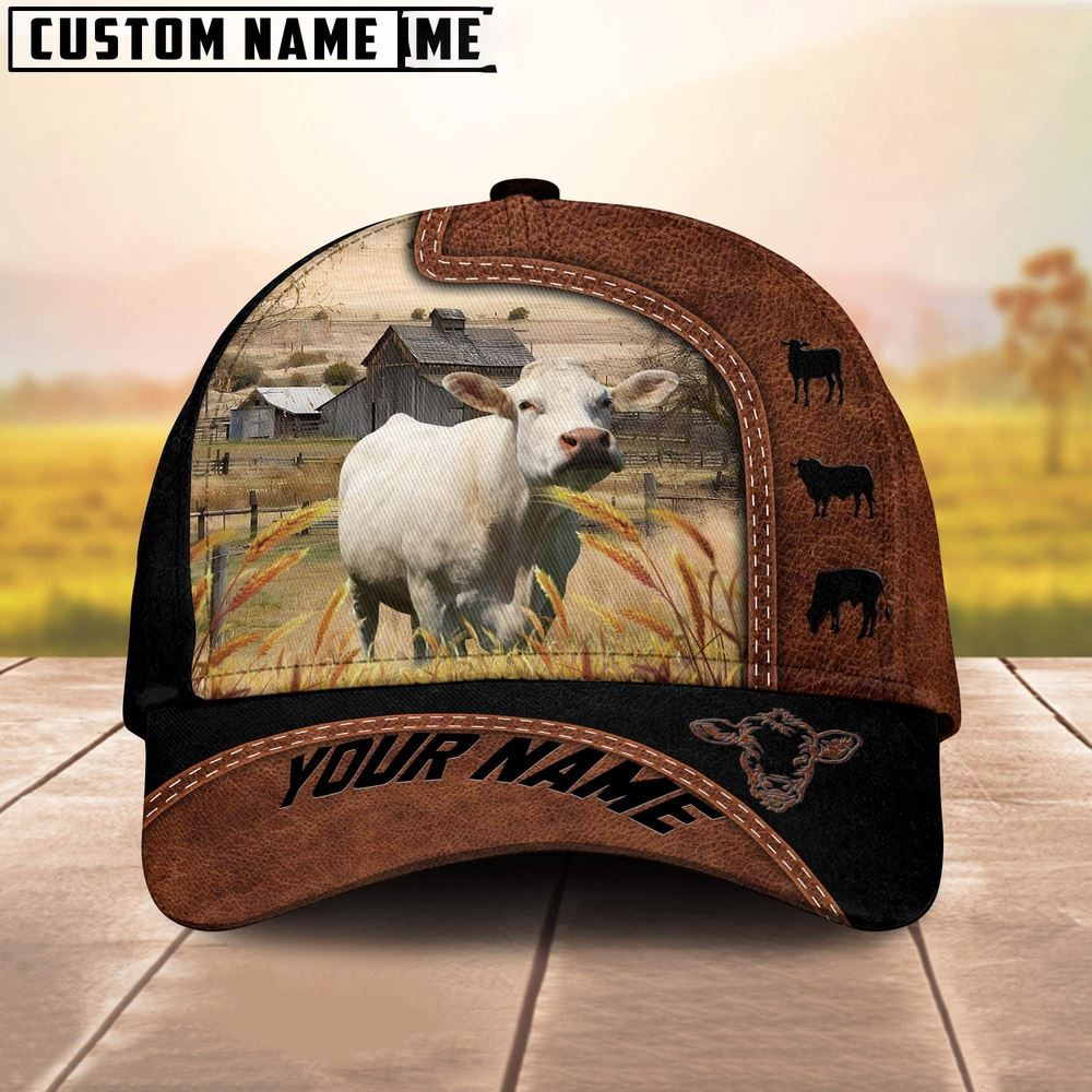 Custom Name Charolais Brown Black Leather Pattern Cap Farm Cap Farmer Baseball Cap Gift For Farmer