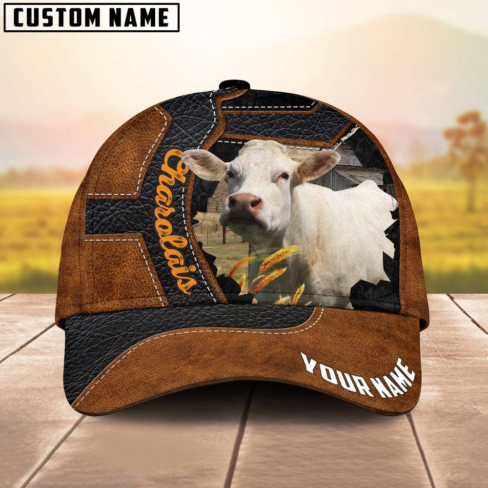 Custom Name Charolais Brown Leather Pattern 3D Cap Farm Cap Farmer Baseball Cap Gift For Farmer