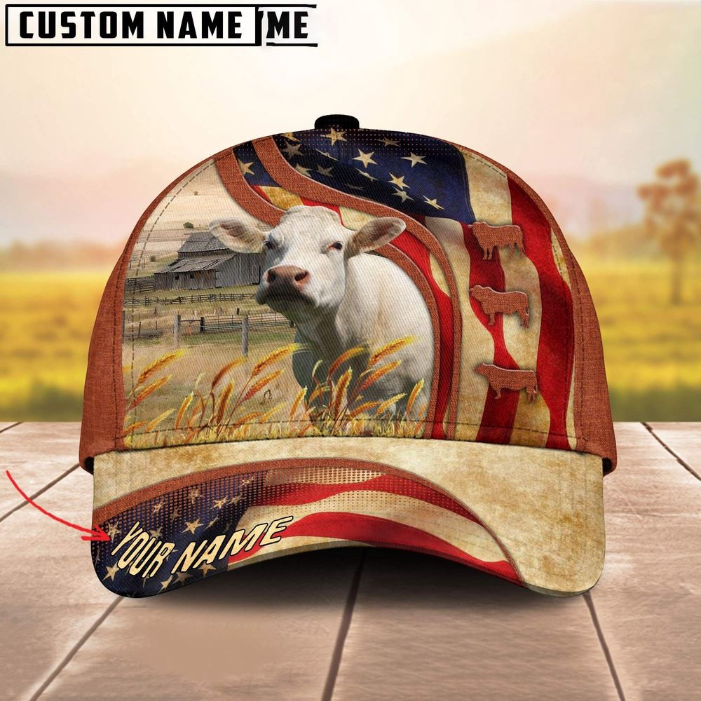 Custom Name Charolais US Flag 3D Cap Farm Cap Farmer Baseball Cap Gift For Farmer