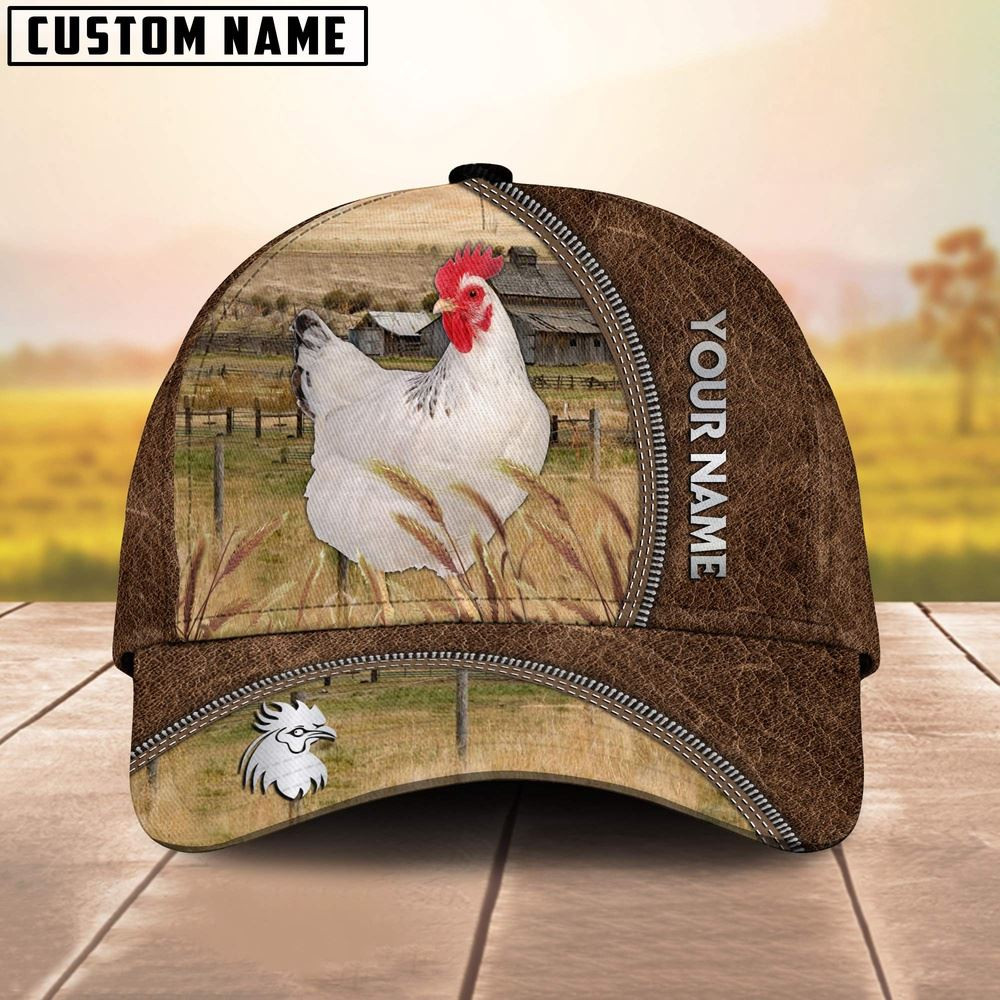 Custom Name Delaware Chicken Brown Leather Pattern Cap Farm Cap Farmer Baseball Cap Gift For Farmer