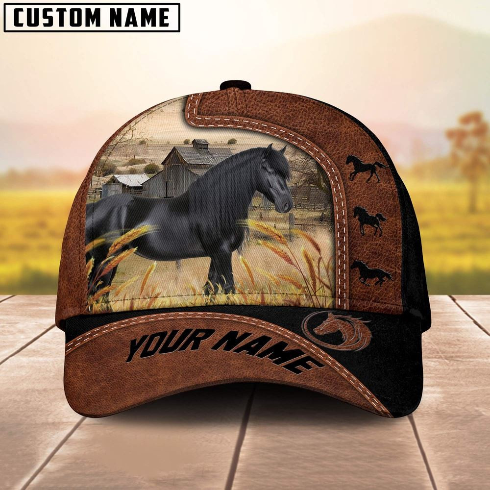 Custom Name Friesian Horses Cattle Brown Black Leather Pattern Cap Farmer Baseball Cap Gift For Farmer