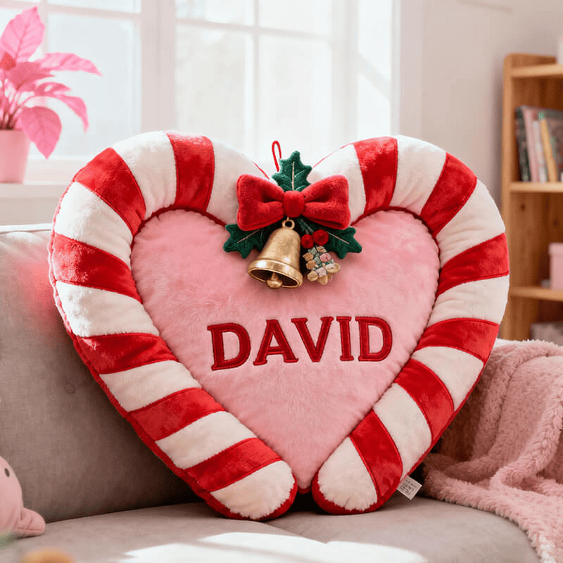 Custom Name Heart Shaped Candy Cane Pillow Xmas 3D Print Pillow Christmas Gifts For Her