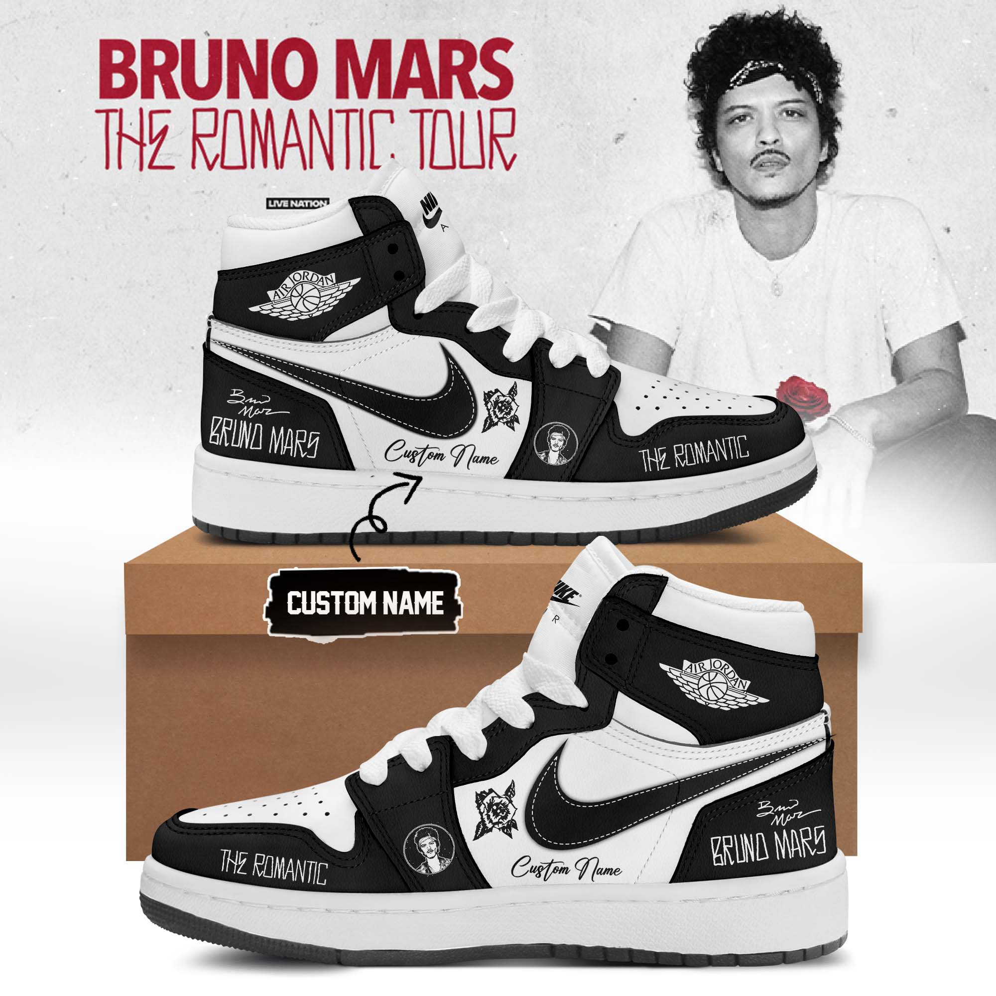 Custom Name Hello Kitty Bruno Mars Shoes Romantic Tour Event Gear Merch Gift For Music Lover