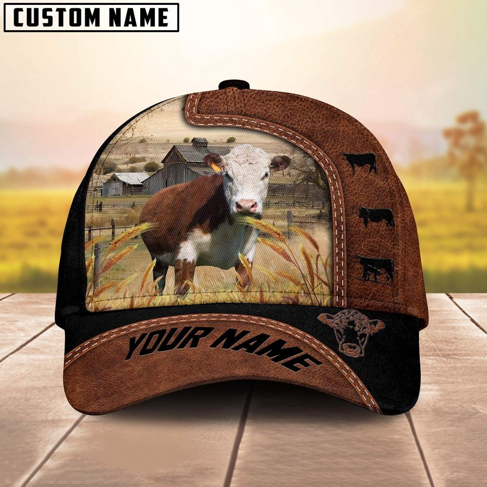 Custom Name Hereford Brown Black Leather Pattern Cap Farm Cap Farmer Baseball Cap Gift For Farmer