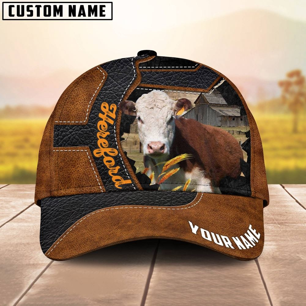 Custom Name Hereford Brown Leather Pattern 3D Cap Farm Cap Farmer Baseball Cap Gift For Farmer