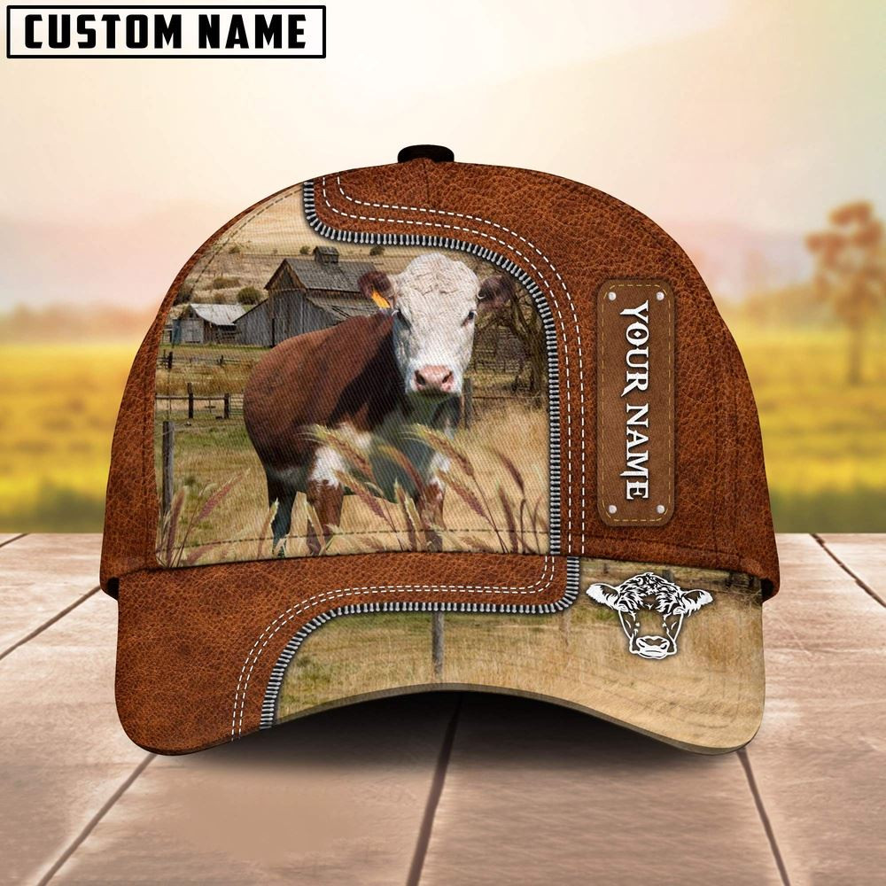 Custom Name Hereford Cattle Cap On The Meadow Farm Cap Farmer Baseball Cap Gift For Farmer