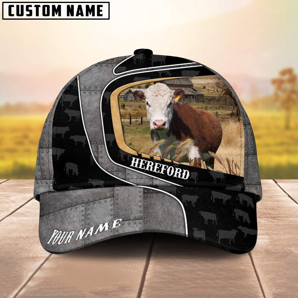 Custom Name Hereford Cattle Metal Pattern Cap Farm Cap Farmer Baseball Cap Gift For Farmer
