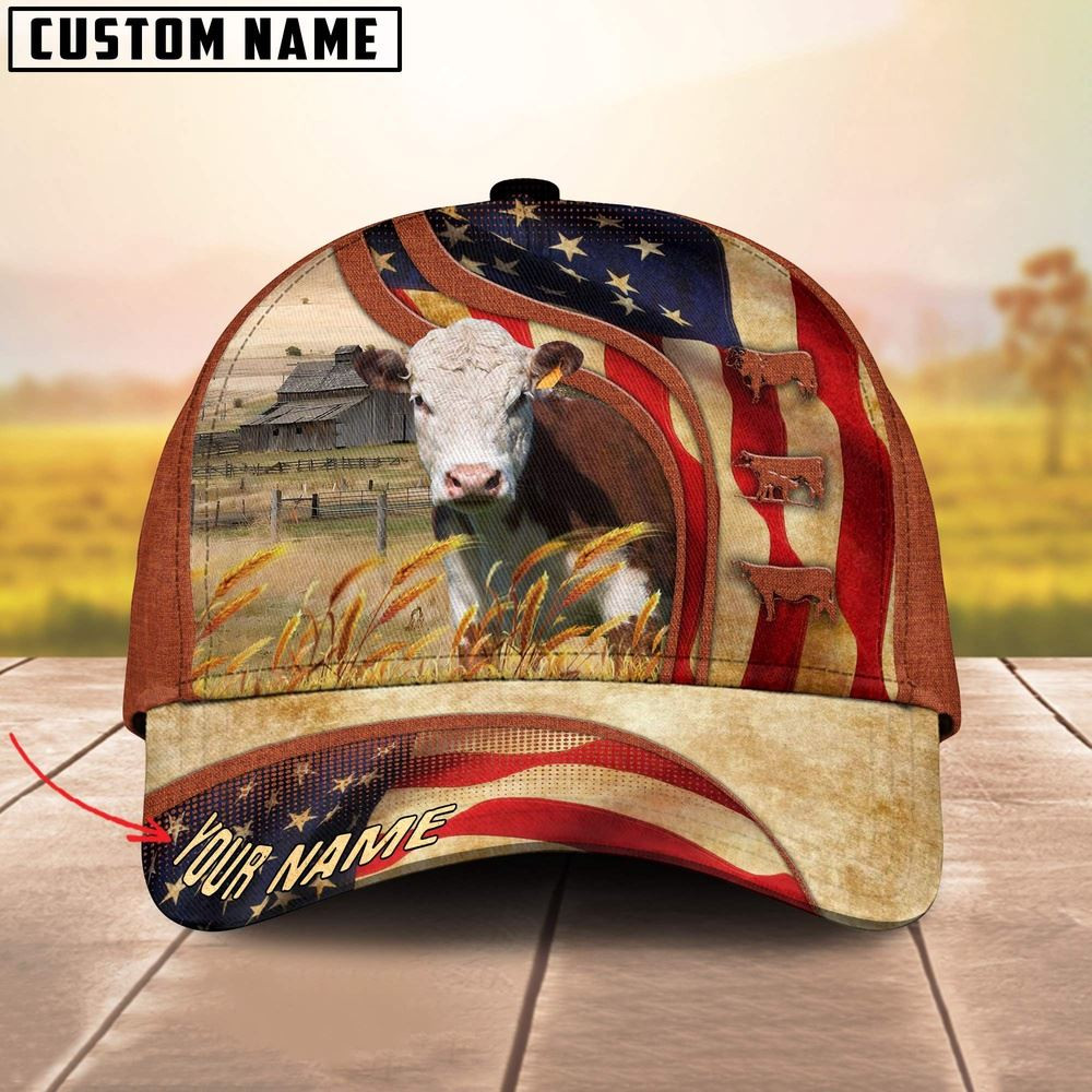 Custom Name Hereford Cattle US Flag 3D Cap Farm Cap Farmer Baseball Cap Gift For Farmer