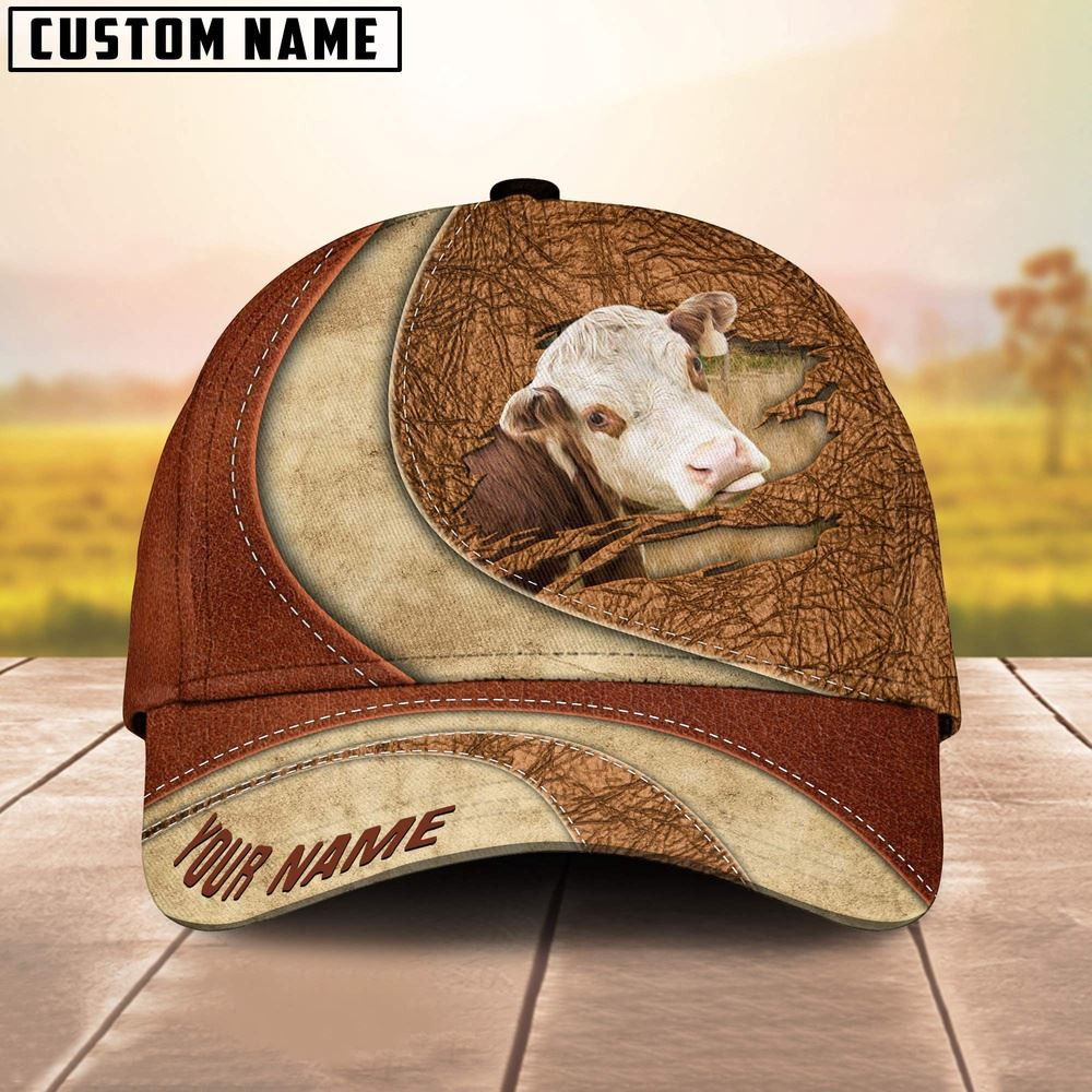 Custom Name Hereford Torn Leather Pattern Classic Cap Farm Cap Farmer Baseball Cap Gift For Farmer