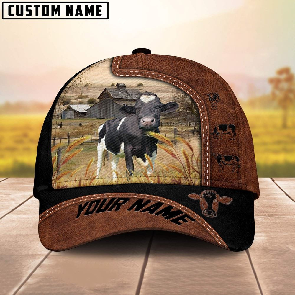 Custom Name Holstein Brown Black Leather Pattern Cap Farm Cap Farmer Baseball Cap Gift For Farmer
