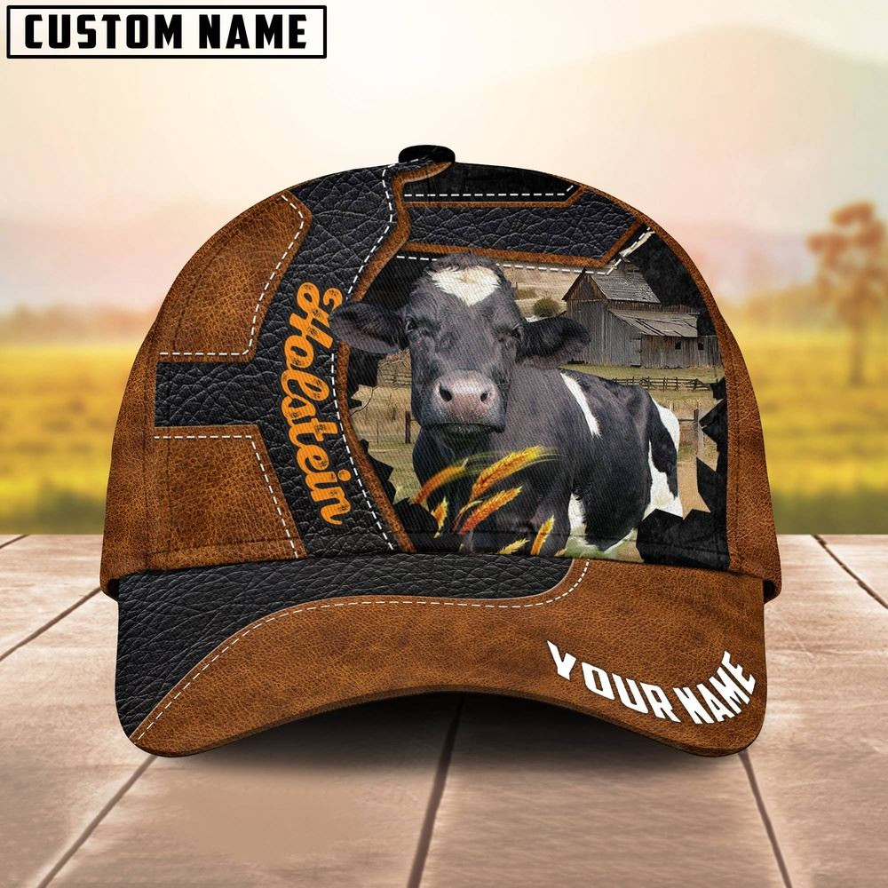 Custom Name Holstein Brown Leather Pattern 3D Cap Farm Cap Farmer Baseball Cap Gift For Farmer