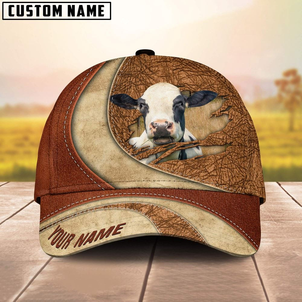 Custom Name Holstein Torn Leather Pattern Classic Cap Farm Cap Farmer Baseball Cap Gift For Farmer