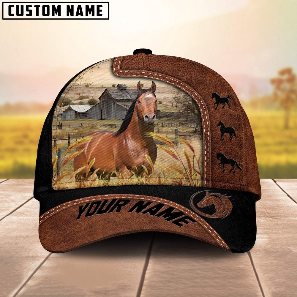 Custom Name Horse Brown Black Leather Pattern Cap Farm Cap Farmer Baseball Cap Gift For Farmer