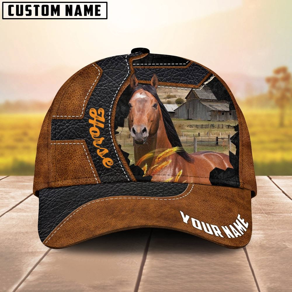 Custom Name Horse Brown Leather Pattern 3D Cap Farm Cap Farmer Baseball Cap Gift For Farmer