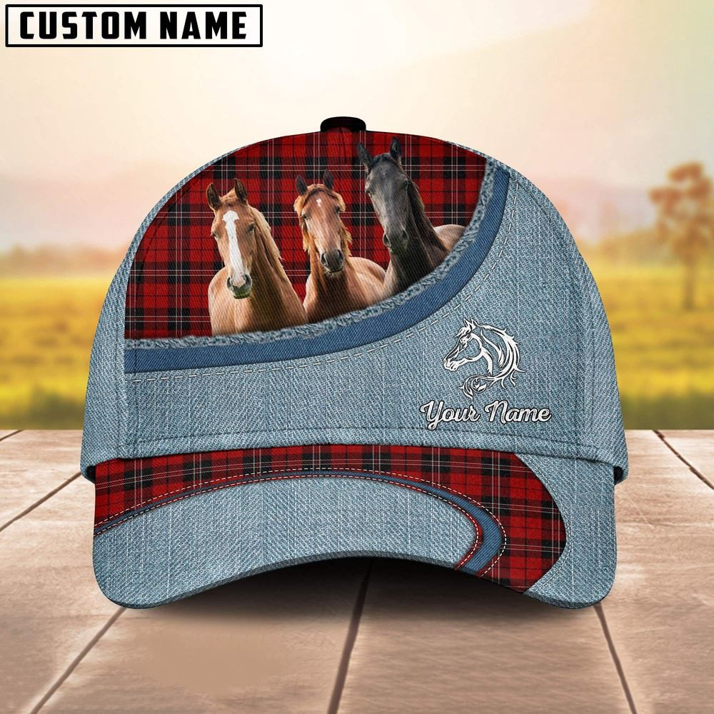 Custom Name Horse Red Caro And Jean Pattern Classic Cap Farm Cap Farmer Baseball Cap Gift For Farmer
