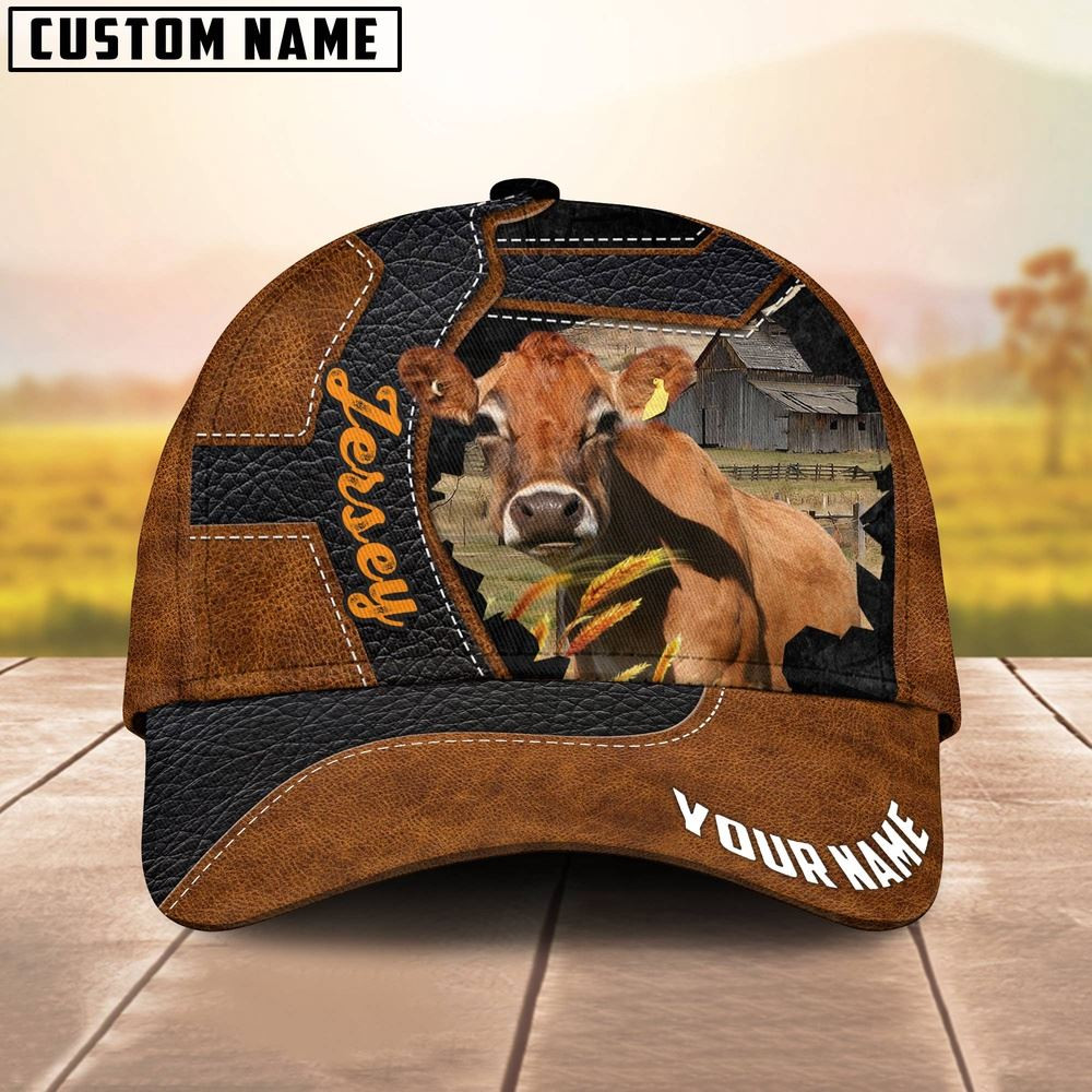 Custom Name Jersey Brown Leather Pattern 3D Cap Farm Cap Farmer Baseball Cap Gift For Farmer