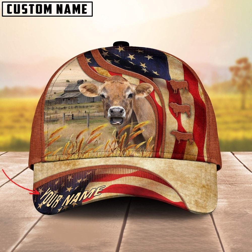 Custom Name Jersey Cattle US Flag 3D Cap Farm Cap Farmer Baseball Cap Gift For Farmer