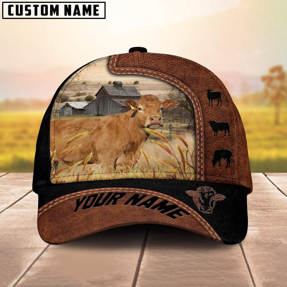 Custom Name Limousin Brown Black Leather Pattern Cap Farm Cap Farmer Baseball Cap Gift For Farmer