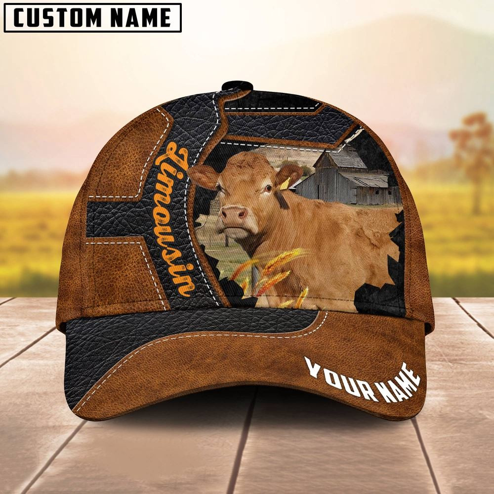 Custom Name Limousin Brown Leather Pattern 3D Cap Farm Cap Farmer Baseball Cap Gift For Farmer