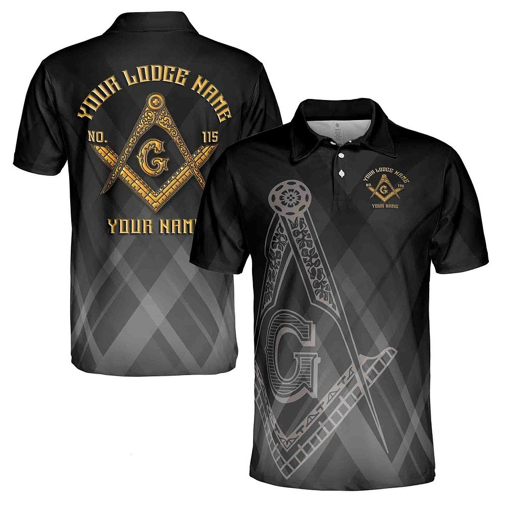 Custom Name Lodge Name Masonic Freemasonry Emblem Mason Black Polo Shirt Men's Gifts