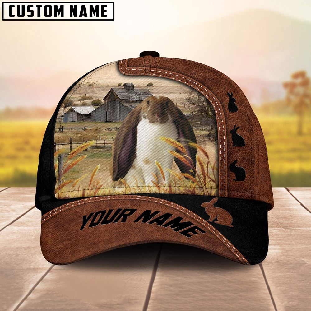Custom Name Lop Eared Rabbit Brown Black Leather Pattern Cap Farm Cap Farmer Baseball Cap Gift For Farmer